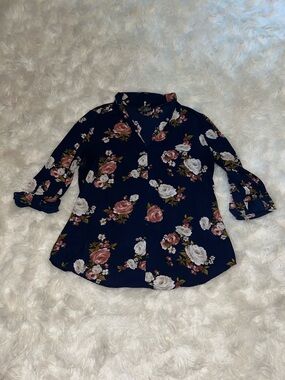 Women's Navy Floral V-Neck Blouse with Pink & White Roses